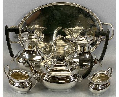 FIVE-PIECE SILVER PLATED TEA SERVICE ON NON-ASSOCIATED TWO-HANDLED TRAY, 23cms H (the tallest pot), 29cms across (the teapot)