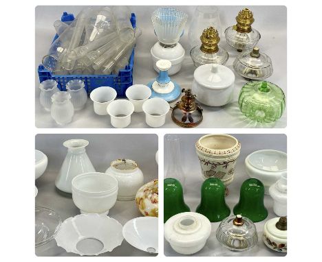 LARGE QUANTITY OF GLASS LIGHT SHADES, CHIMNEYS, RESERVOIRS & OTHER LIGHTING ACCESSORIESProvenance: private collection Gwynedd