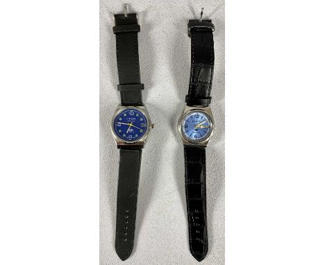 TWO CITIZEN LADY'S & GENTS AUTOMATIC WRISTWATCHES WITH BLACK LEATHER STRAPS, both chrome cased, the gents with dark blue dial
