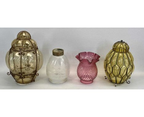 VINTAGE METAL FRAMED BLOWN AMBER GLASS LIGHT SHADE, 40cms H, one similar smaller, 33cms H, pink glass dimple oil light shade 