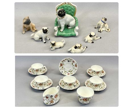 SEVEN PORCELAIN PUG DOGS, Meissen, Royal Copenhagen and others, 13cms H (the tallest) and a Minton tapestry pattern part tea 