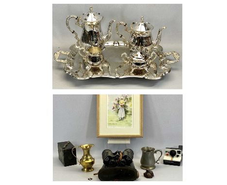 CASED FRANK-NIPOLE 10x50 FIELD BINOCULARS, Ensign box camera, Polaroid land camera, plated five-piece tea service including t