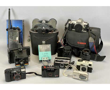 COLLECTION OF VINTAGE & MODERN CAMERAS, BOXED MULTIBAND RADIO & A CASED PAIR OF SIMOR 10x50 BINOCULARS, cameras include a Can