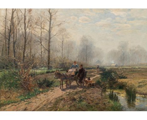 Hugo Mühlig (1854 Dresden - 1929 Düsseldorf)Die Milchmagd und der Jäger, Öl auf Leinwand, 55 cm x 78 cm, signiert, doubliert,