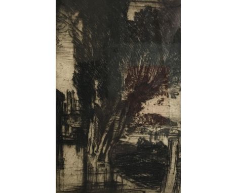 SIR FRANK BRANGWYN. Framed, signed, etching of a street scene, 15cm x 10cm.