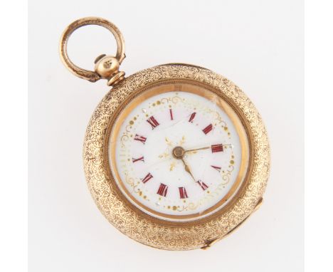 A ladies fob watch, the white enamel dial having hourly Roman numeral markers with minute track border, stamped 14k, case eng