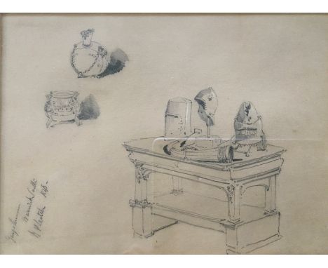 RICHARD GRINCIPAL LEITCH, framed, signed, pencil study of knights helmets on a table, 16.5cm x 22.5cm. Together with SIR FRAN