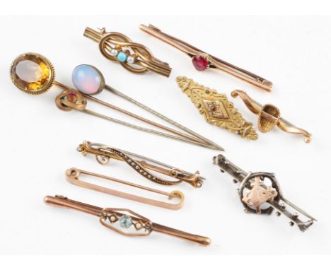 A collection of eight Victorian/early 20th Century bar brooches, some gemstone set to include ruby, seed pearls, turquoise et