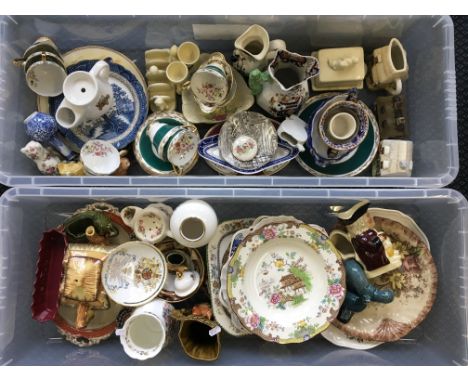 Six boxes of various ceramic ware including Sylvac, house teapots, Toby jugs, plates, dishes, Fauna, etc.