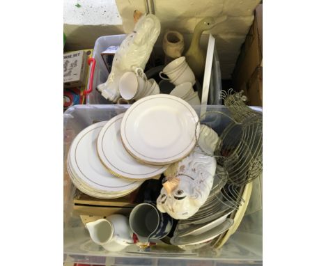 Two boxes of various metal and ceramic objects, to include plates, teacups, jugs, vases, and animals.