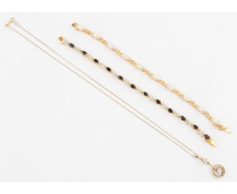A lot to include a sapphire line bracelet, stamped 925, together with a synthetic opal line bracelet, stamped 925, and a cubi