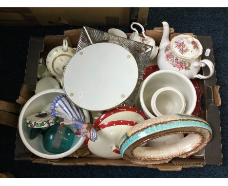 A box of various ceramic items, to include teaset parts, plates, figurines, etc.