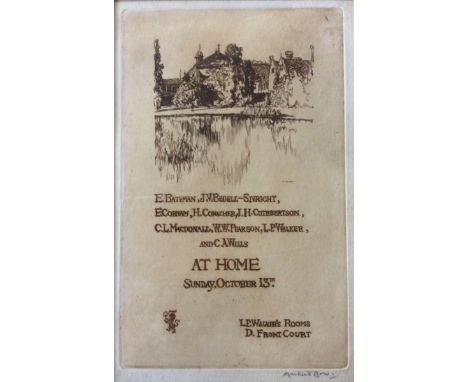 SIR MUIRHEAD BONE HRSA HRWS (1876-1953). Framed, signed, etching on paper, landscape of L.P. Walker's rooms, with names of re