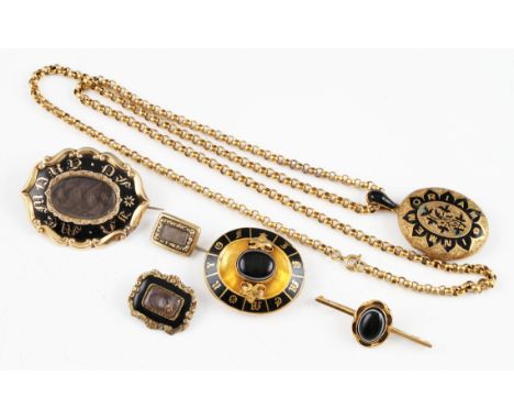 A collection of memorial / mourning jewellery, to include a enamelled locket on chain, a banded agate brooch surrounded by pl