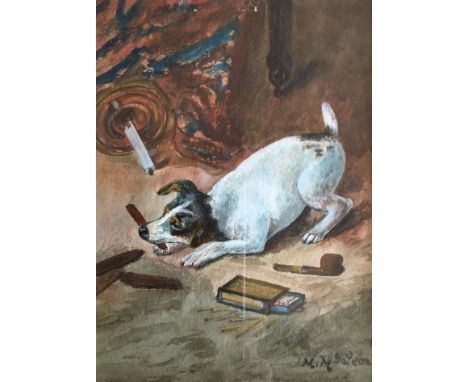 M. MCLEON. Two framed, signed, watercolour on paper, scenes of dogs at play, both 19cm x 14cm.