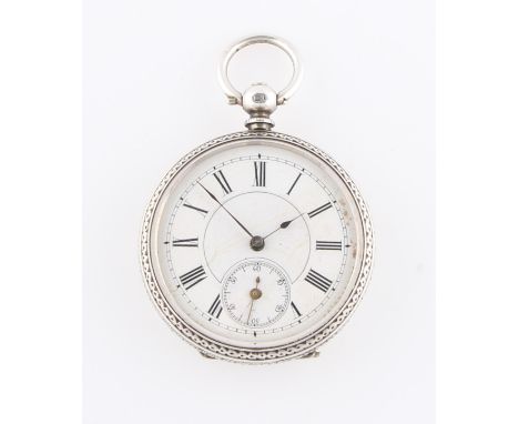 A Victorian silver fob watch, the white enamel dial having hourly Roman numeral markers with minute track border and subsidia