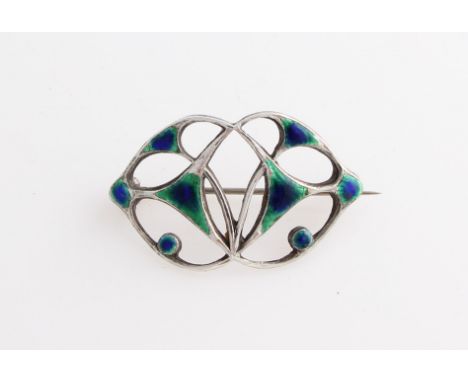 A Charles Horner early 20th Century silver and enamel brooch, the open Art Nouveau metalwork design featuring blue to green e