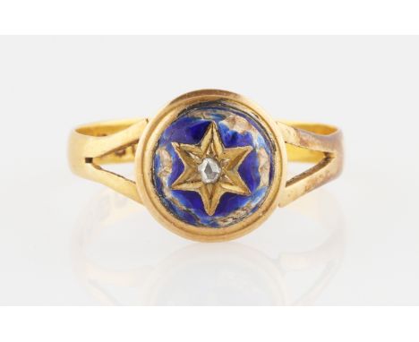 A Victorian 22ct yellow gold diamond and enamel ring, featuring a central rose cut diamond to domed blue enamel design, hallm
