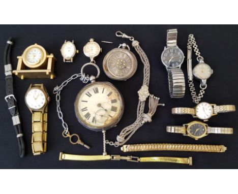 A lot to include a Victorian silver pocket watch, hallmarked Chester 1900, with chain and attached key, together with a fob w