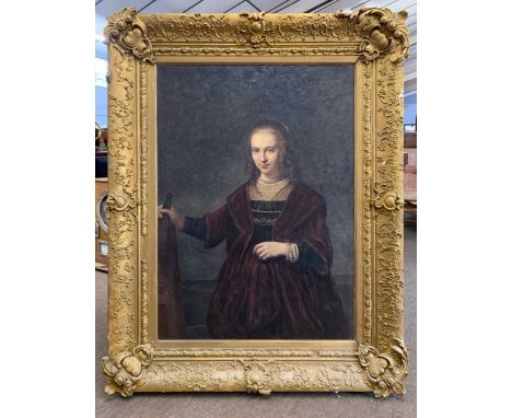 After Rembrandt Van Rijn (Dutch, 17th century) "Portrait of The Admirals Wife", oleograph on board, framed.