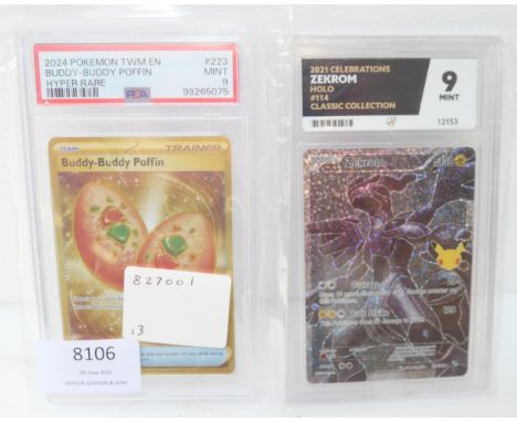 Two graded Pokémon cards slabs including a mint 9 '2021 Celebrations Zecrom' and mint 9 '2024 Pokémon TWM EN Buddy Puffin' (h