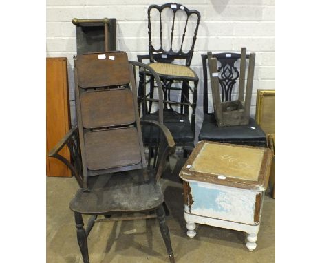 An antique elm and beech stick-back Windsor chair, (in need of restoration), a three-tier oak folding cake stand and other it