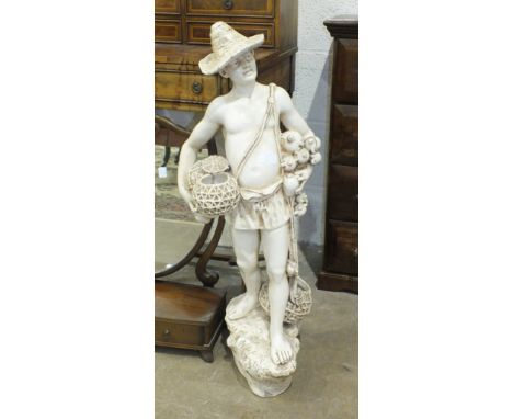 A Bretby ceramic model of a young boy carrying food baskets and water jars and wearing a brimmed hat, 86cm high, damages and 