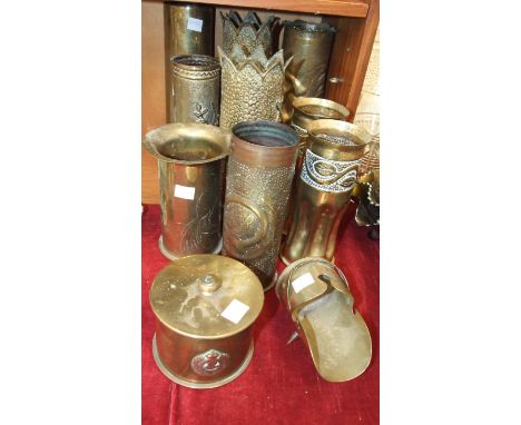 A WWI trench art brass tobacco jar and cover, with Royal Engineers badge, made from a shell case, dated 1915, 9.5cm high, 12.