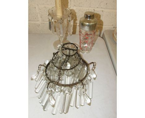 A three-tier glass-drop circular light fitting, 28cm diameter, 30cm high, a cut-glass table lamp and a 1970's cocktail shaker