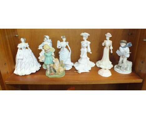 Two Royal Worcester figurines, 'Rosie Picking Apples', 'The Last Waltz', four Coalport figurines, (2 a/f) and one other, (7).