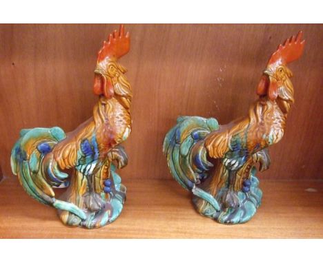 Two painted ceramic cockerel figures, 33cm high, (2).