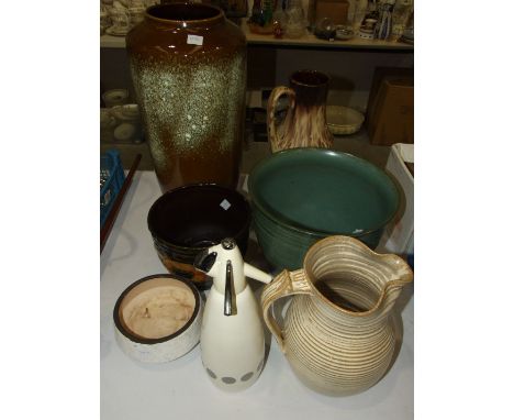 A large West German mottled green and brown ceramic vase, 50cm high, a Scheurich mottled green ribbed jardinière, other vases