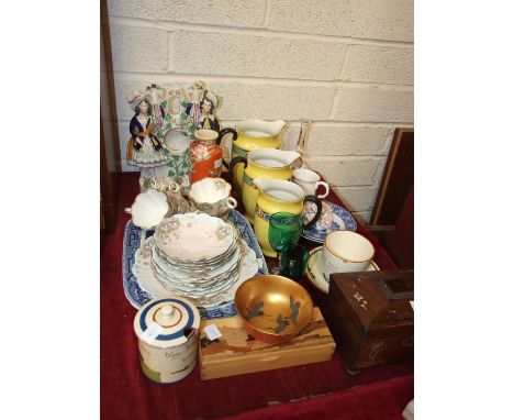 A Regency rosewood two-division tea caddy, ceramics and miscellaneous items.