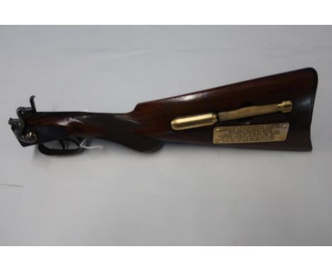 Good Morning Guns 12 bore hammer gun stock mounted with turned brass stock display mounted with brass priest and poem 