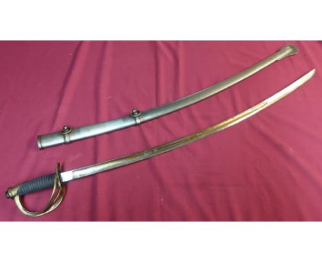 American cavalry sword with 34 inch slightly curved single fullered blade stamped US ADK 1862 with Chicopee makers stamp with