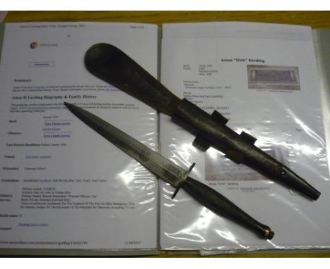 Wilkinson Sword Fairbairn-Sykes commando knife with private banner engraving to Amos H. Gerding, with checkered grip and leat