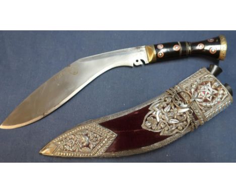 Nepalese Gurkha presentation Kukri with horn hilt decorated by six copper/steel inlays on both sides, finely chased brass pom