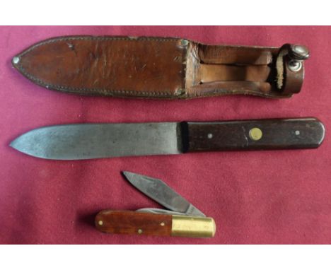 Vintage skinning knife with 5 inch steel blade, with wooden grip in leather sheath, and a twin bladed pocket knife with woode
