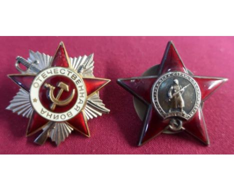 Two Russian Soviet military cap badges including red enamel badge with central figure on an Infantry solider, the reverse mar