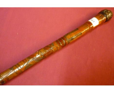 19th/20th C Oriental style bamboo sword stick with 26 1/4 inch tri-form blade with various Oriental engraved script with carv