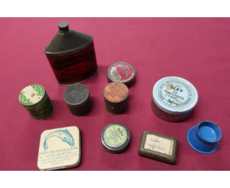 Early 20th C Moebuis &amp; Son "Ragoon Oil", special refined gun oil tin and a collection of vintage and later shooting tins.