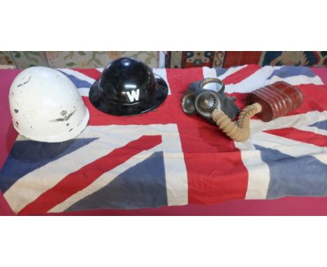 Classic copy of a WWII  period air raid warden helmet, American style white helmet with leather liner, small British flag and