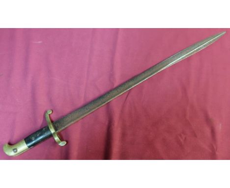 Victorian bayonet with 23 3/4 inch pipe back blade with double edged spear point with traces of stamped proof mark with brass