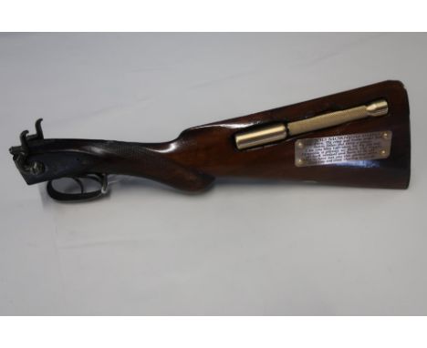 Good Morning Guns 12 bore hammer gun stock mounted with turned brass stock display mounted with brass priest and poem 