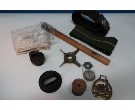 Selection of various military items including stable belt, Green Howard's brass belt buckle, axe shaft, compass, bandages, et