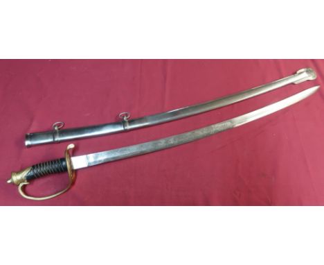 American cavalry sabre with 31 1/2 inch slightly curved blade marked US Pluribus, with pierced brass hilt and ribbed leather 