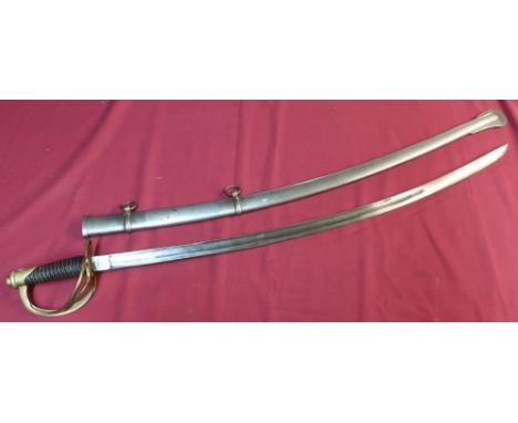 US cavalry type sword with 34 1/2 inch slightly curved  single fullered blade stamped USADK 1862, Chicopee makers mark with h