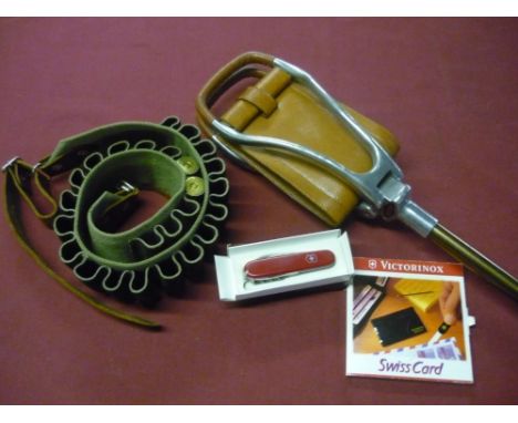 Shooting stick,16 bore cartridge belt, two rotwell brass snap caps, Victroinox, swiss army knife in original box and similar 