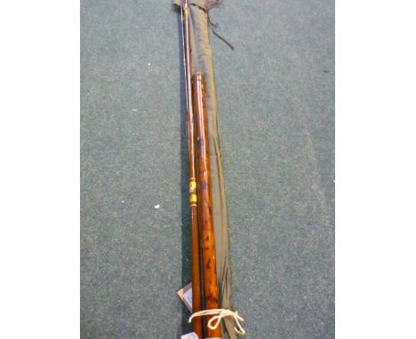 Victorian bamboo landing net handle, with screw top containing two rod tips, two piece fibre glass trout fishing rod and a th