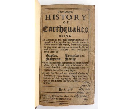 [Burton (R.)] i.e Nathaniel Crouch The General History of Earthquakes ..., by R. B., [1694], foot of title torn away with los